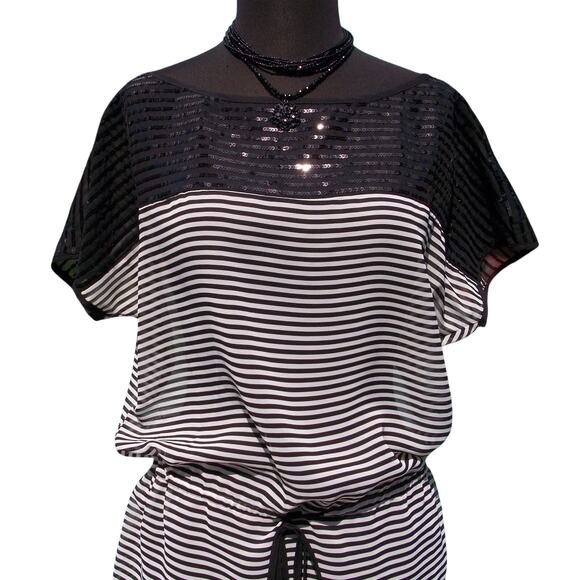 Cache Black White Sheer Illusion Sequin Embellished Top New Self Belt $108 NWT - Picture 2 of 3